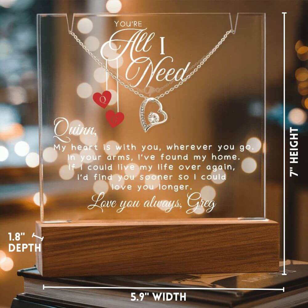 You're All I Need Necklace and Personalized Lighted Keepsake Stand