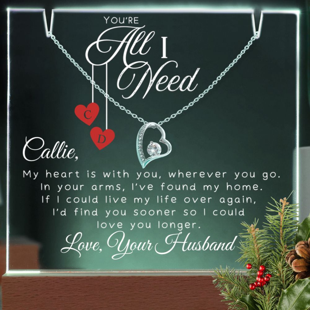 You're All I Need Necklace and Personalized Lighted Keepsake Stand