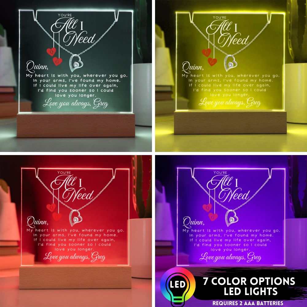 You're All I Need Necklace and Personalized Lighted Keepsake Stand