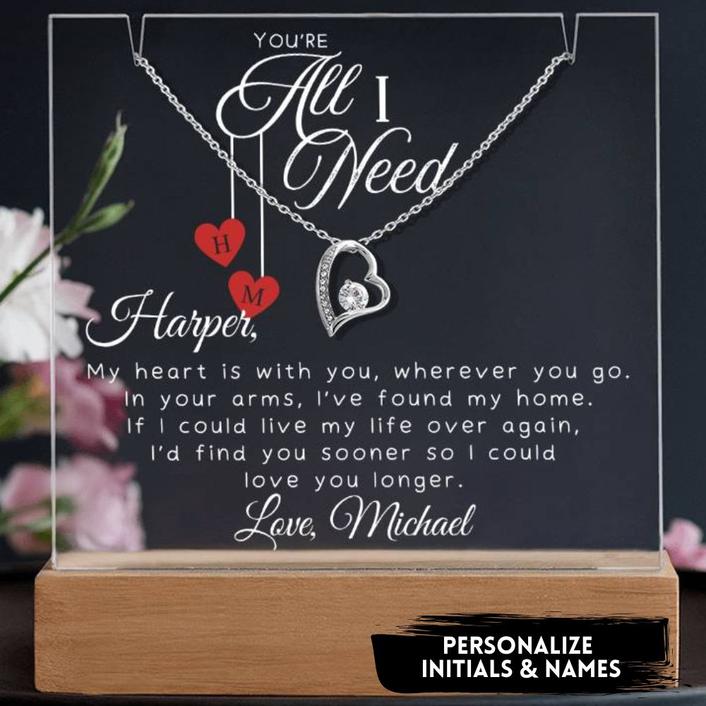 You're All I Need Necklace and Personalized Lighted Keepsake Stand